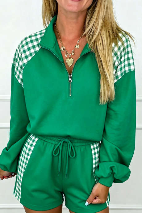 Conjunto de jersey con media cremallera y cordón ajustable a cuadros verde brillante (LC6210182-P109)