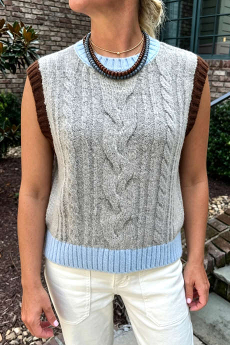 Lysegrå kontrastkant Colorblock Casual Ærmeløs Kabelstrik Vest