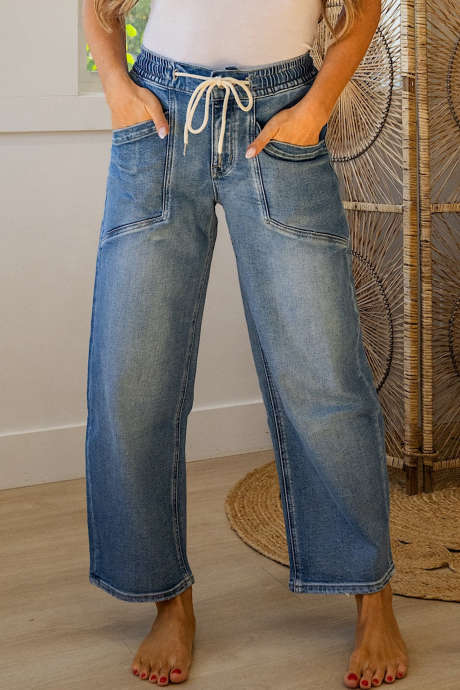 Beau Blue Snørelukning Elastisk Talje Shift Casual Denimbukser