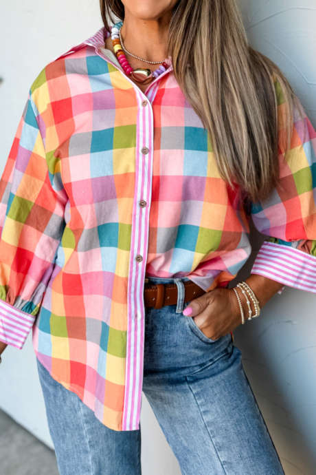 Camicia casual a maniche corte con bottoni e stampa a quadri multicolore