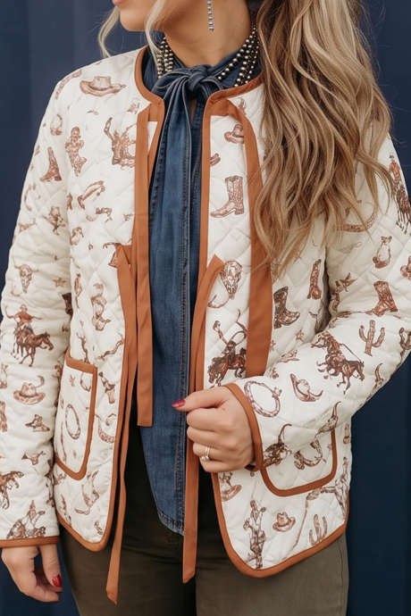 Gewatteerde jas met westernprint en contrasterende bies in meerdere kleuren.