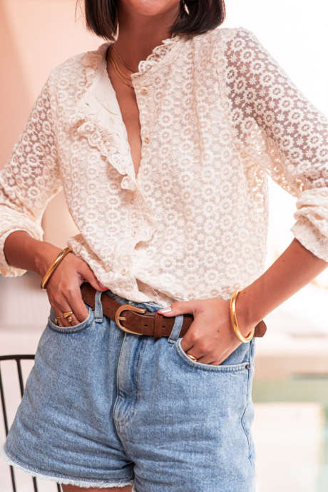 Beige Floral Embroidered Mesh Sheer Long Sleeve Button-Up Ruffled Elegant Shirt