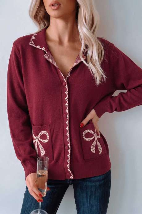 Cardigan long en maille bordeaux à col nœud et poches, manches longues