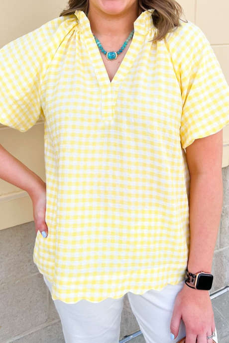 Yellow Plaid V-Neck Short Sleeve Shift Plus Size Blouse