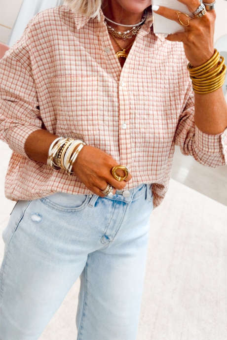 Pink Plaid Long Sleeve Button Casual Shift Shirt