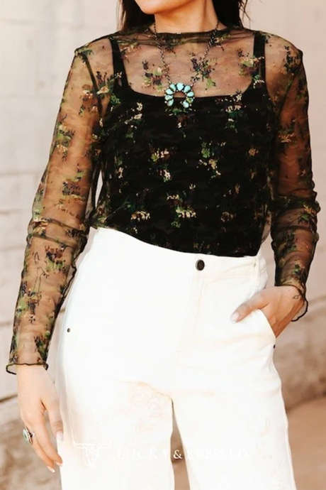 Grünes Langarmshirt im Western-Stil mit Leopardenmuster und Mesh-Einsatz
