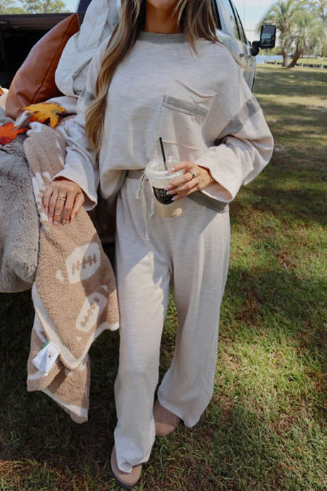 Grå casual striber patchwork oversize top todelt bukser sæt
