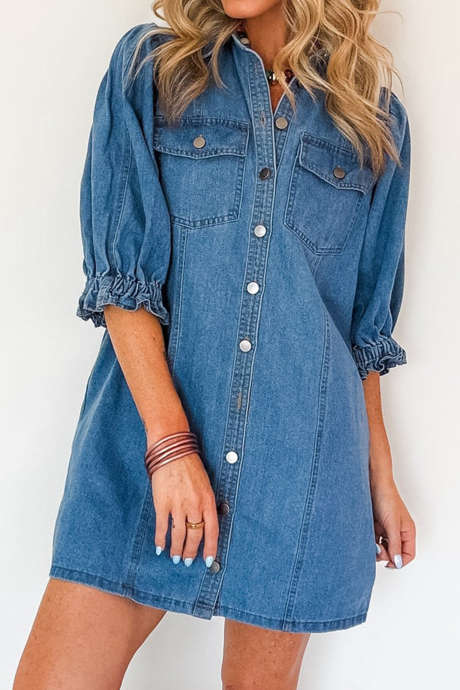Dusk Blue Button Front 3/4 Ruffled Puff Sleeves Casual Cowboy Dress