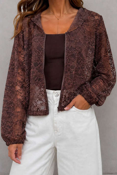 Coffee Floral Lace Sheer Zipped up Jacket
