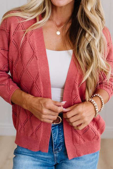 Coral Solid Diamond Knit Long Sleeve Regular Fit Shift Cardigan
