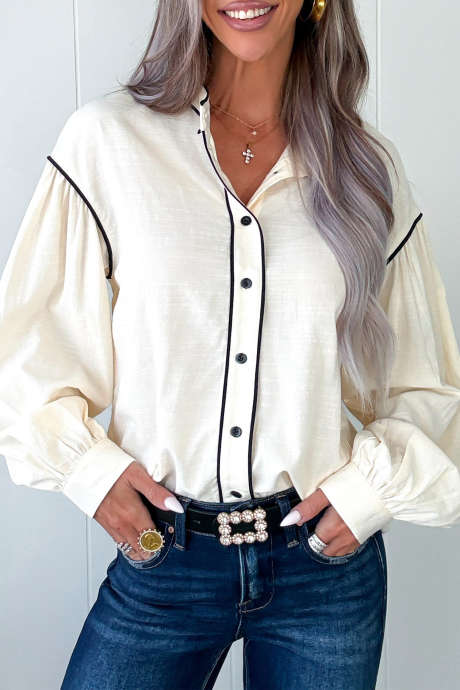 Beige Contrast Piping Long Sleeve Button-Up Casual Shirt