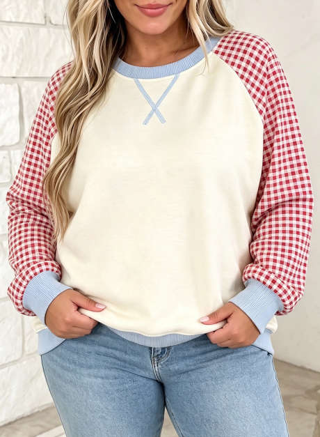 Beige kariertes Sweatshirt mit gerippten Ärmeln und farblich abgesetzten Bündchen in Übergröße
