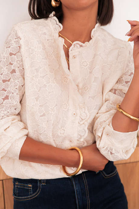 Beige Floral Embroidery Mesh Long Sleeve Elegant Shirt
