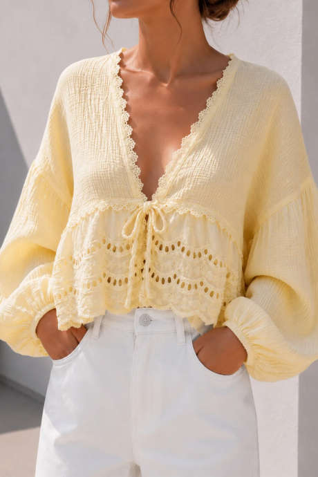Yellow Cream Boho Lace Patchwork V Neck Knot Detail Bubble Sleeve Shirt