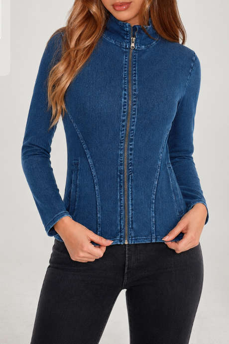 Kurtka kowbojska Sail Blue z wysokim kołnierzem i zamkiem błyskawicznym, w stylu Active Slim Fit
