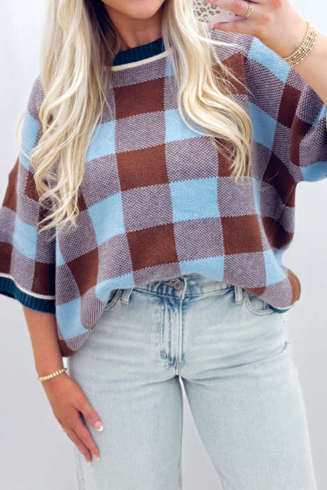 Red Sandalwood Casual Plaid Bracelet Sleeve Sweater