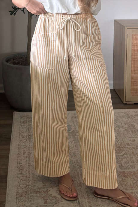Pantalon long à rayures abricot et taille élastiquée avec cordon de serrage