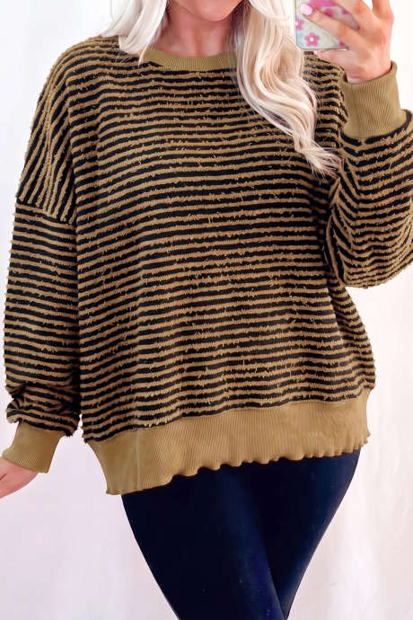 Brun stribet slidt strikpullover-sweatshirt