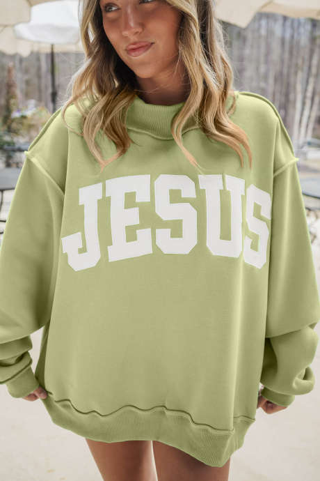 Meadow Mist Green JESUS ​​Letter Patch Graphic Exposed Seam Mock Neck Baggy Sweatshirt