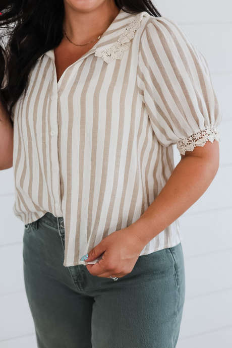 Khaki Stripe Lace Trim Collar Short Sleeve Plus Size Casual Blouse