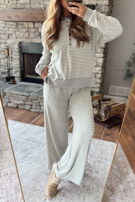 Set de lenjerie de pat cu dungi gri și mânecă lungă, cu pulover și pantaloni lejeri