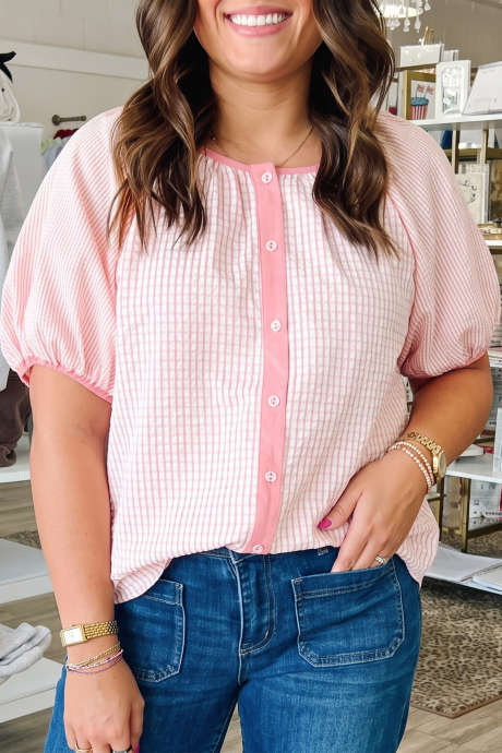 Pink Plus Size Plaid Contrast Trim Button Front Short Puff Sleeve Blouse