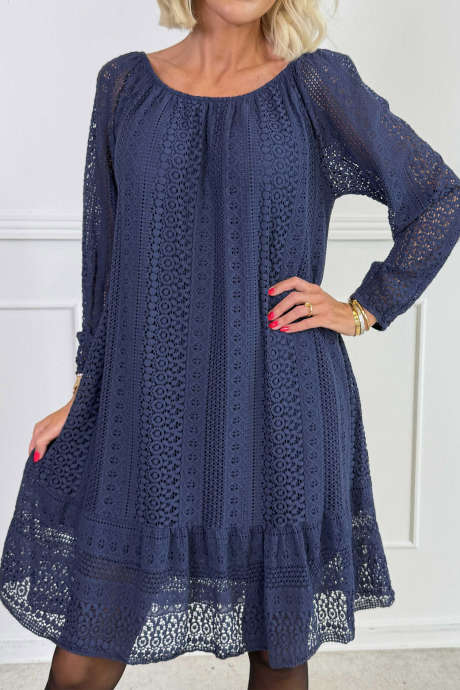 Navy Blue Lacy Hollow Out Long Sleeve Round Neck Shift Dress