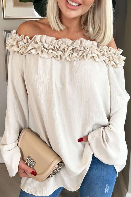 Beige Volangkantad Off Shoulder Långärmad Avslappnad Blus