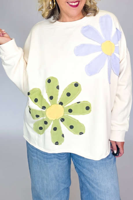 Beige Rå Kant Fuld Blomster Patchwork Plus Size Langærmet Top