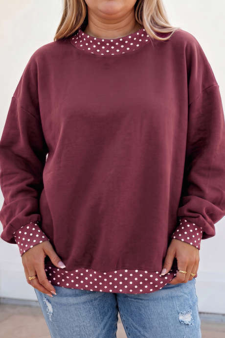 Vínová mikina s kulatým výstřihem a puntíky, plus size