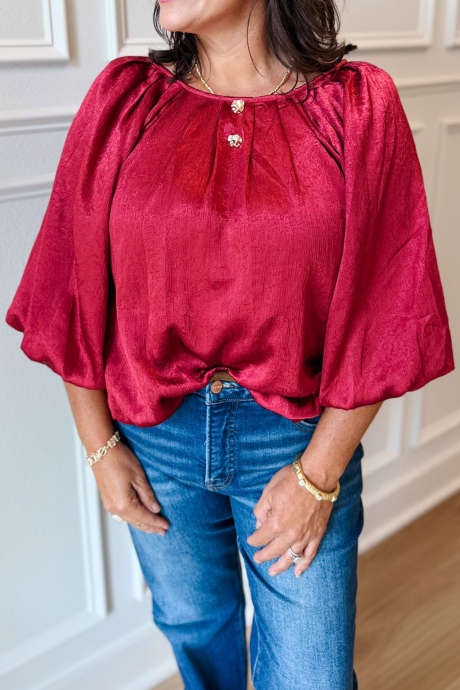 Racing Red Sleek Textured Round Neck Bracelet Sleeve Plus Size Blouse