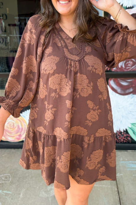 Coffee Plus Size Bracelet Sleeve Textured Floral V Neck Shift Dress