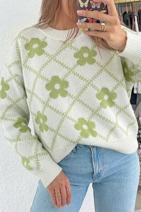 Hvid Blomster Rhombus Mønster Strik Løs Pullover