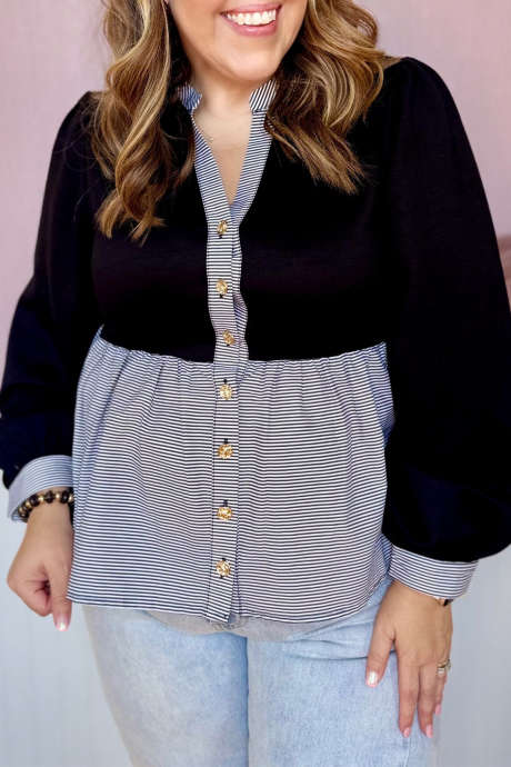 Sort stribet plus size farveblok patchwork v-hals knaplukning langærmet bluse