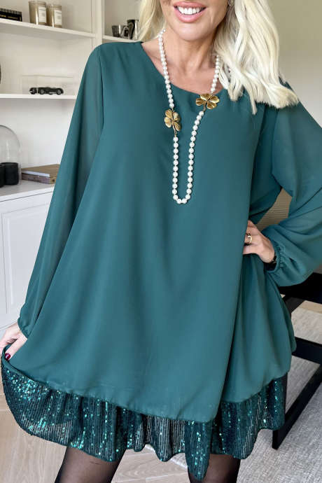 Canton Semi-sheer Chiffon Layered Sequin Accent Ruffle Hem Long Sleeve Shift Dress