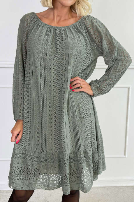 Seagrass Lacy Hollow Out Long Sleeve Round Neck Shift Dress