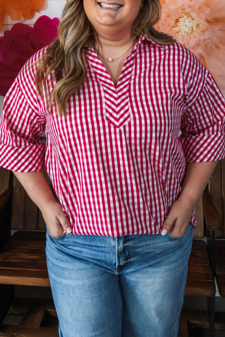 Red Plaid Collar V Neck Bracelet Sleeve Plus Size Blouse