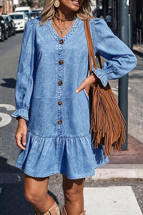 Myosotis V Neck Button Detail Long Sleeve Ruffle Hem Denim Short Dress