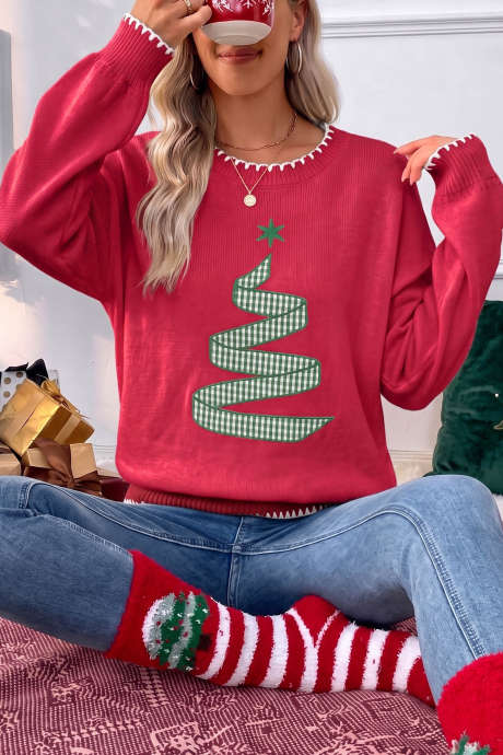 Karera ng Pulang Tinahi na Detalye ng Puno ng Pasko na Kaswal na Sweater para sa Holiday