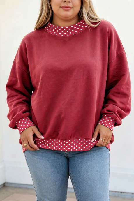 Červená mikina s kulatým výstřihem a puntíky Dahlia, plus size