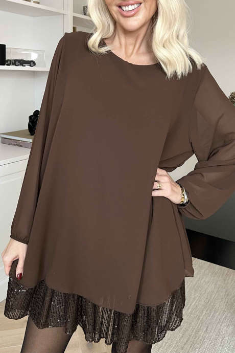 Coffee Semi-sheer Chiffon Layered Sequin Accent Ruffle Hem Long Sleeve Shift Dress