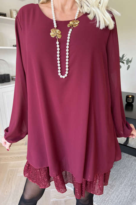 Red Dahlia Semi-sheer Chiffon Layered Sequin Accent Ruffle Hem Long Sleeve Shift Dress