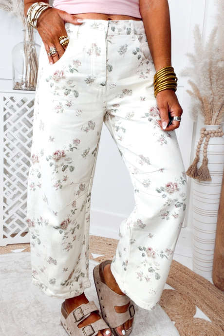 White Floral Print Ankle-Length Casual Barrel Jeans