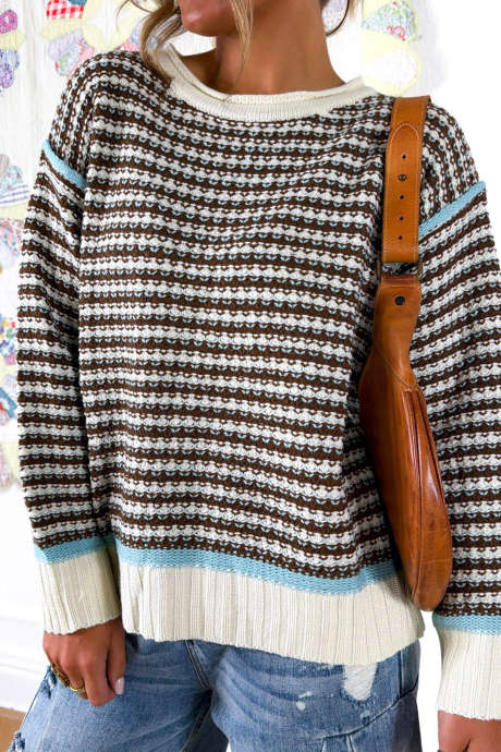 Brown Drop Shoulder Round Neck Long Sleeve Casual Sweater