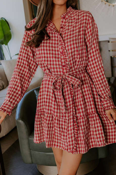 Red Plaid Long Sleeve Ruffled Shift Mini Dress with Belt