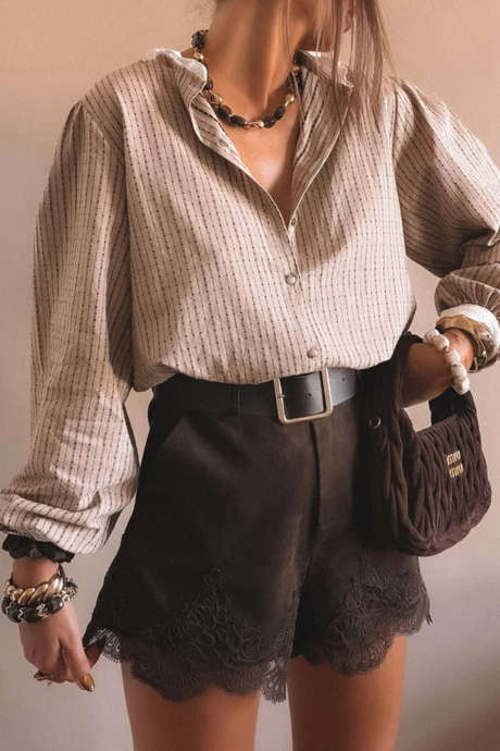 Apricot Patchwork Ruffled Lace Detail Long Sleeve Shift Shirt