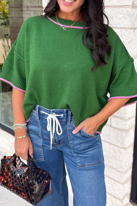 Dark Green Colorblock Trim Half Sleeve Round Neck Casual Short Sleeve Sweater