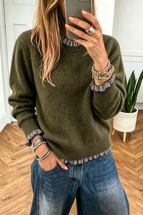Jersey de punto con volantes y estampado a cuadros en contraste verde viñedo