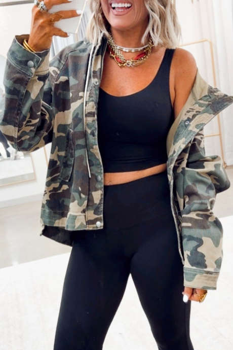 Green Camouflage Print Button Front Casual Denim Jacket
