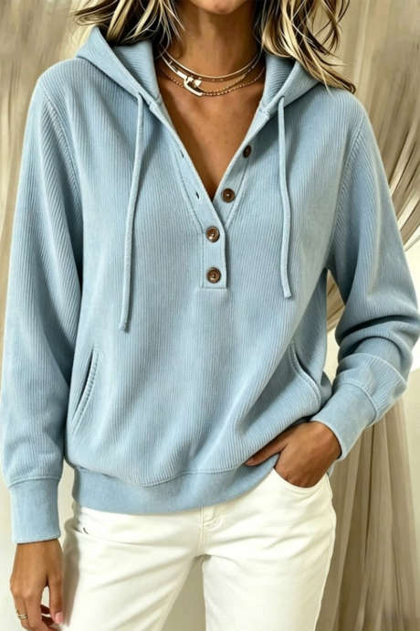Beau Blue Ribbed Knit Half Button Pocketed Casual Pullover Hoodie